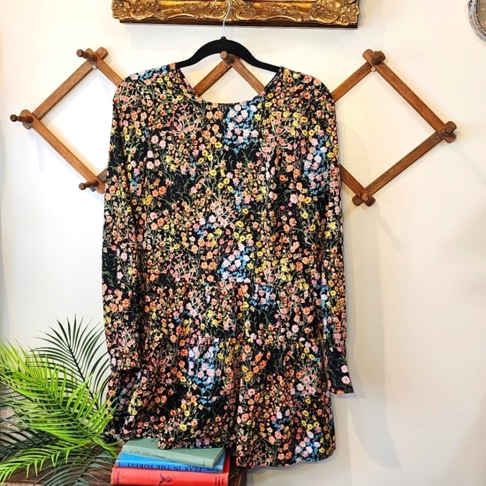 Zara Floral Romper XS Long Sleeve Dark Microfloral Foliage Long Sleeve Shorts